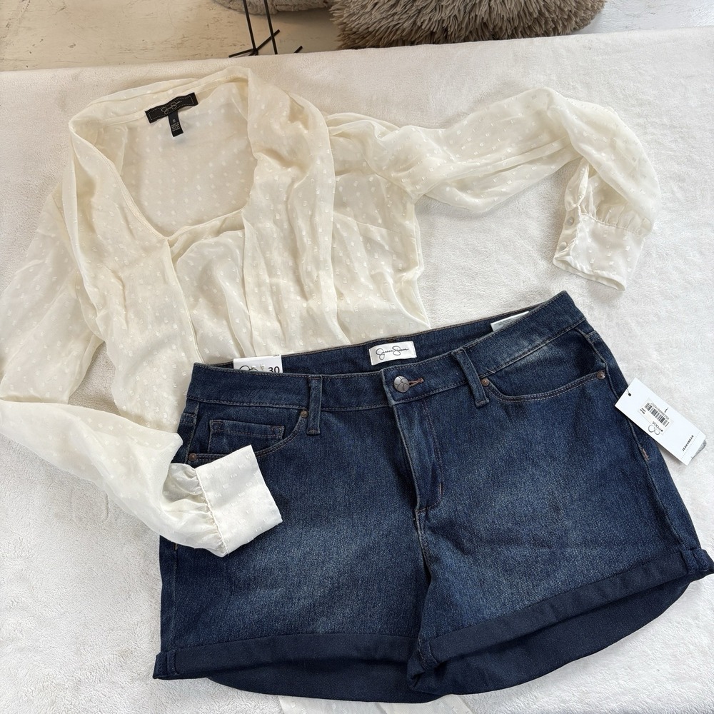 Jessica Simpson NWT Denim Shorts Size 30 & Ivory Swiss Dot Blouse Small 2PC Set